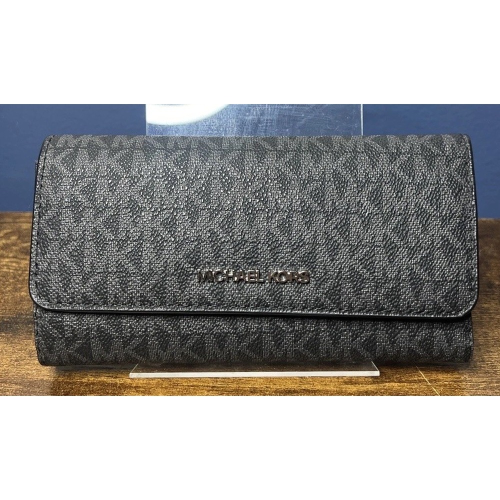 Michael Kors Womens Black Monogram Jet Set Travel Large Logo Trifold Wallet